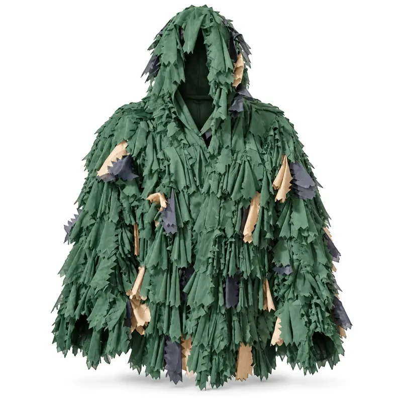 Chaqueta ghillie de hojas 3D en verde bosque con capucha y hojas cortadas con láser en verde, beige y gris