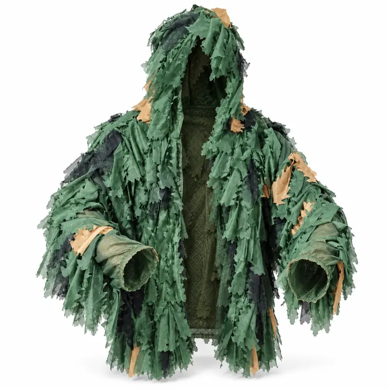 Chaqueta ghillie de hojas 3D abierta mostrando el forro de malla y las capas de hojas