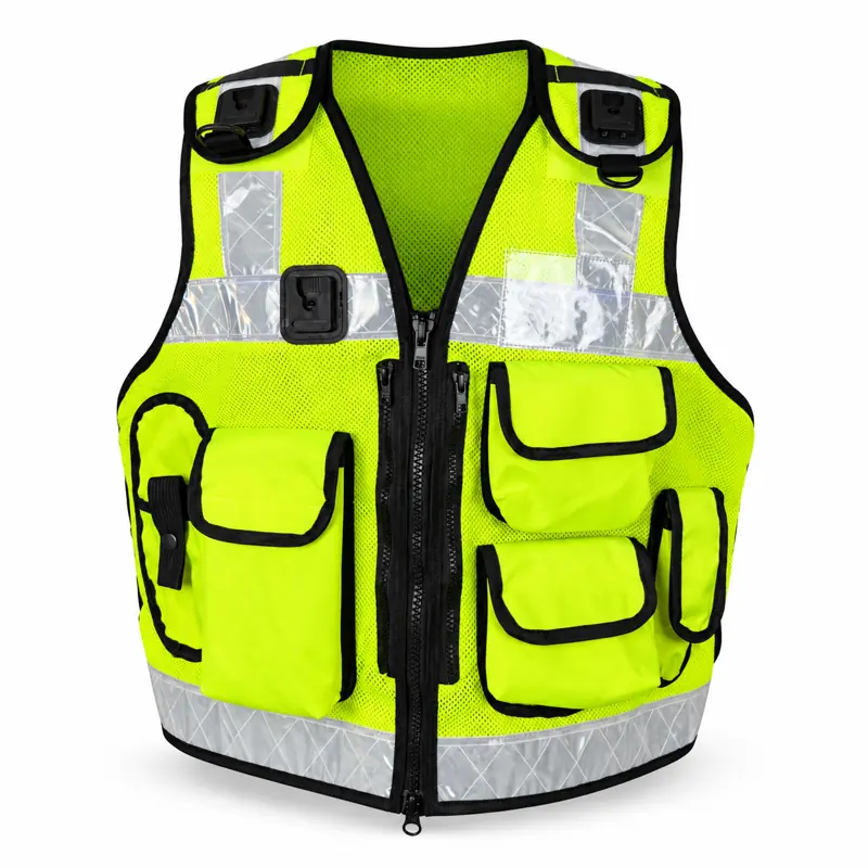 Fluorescent yellow hi-vis security utility vest with radio docks, ID window and flap pockets, front view