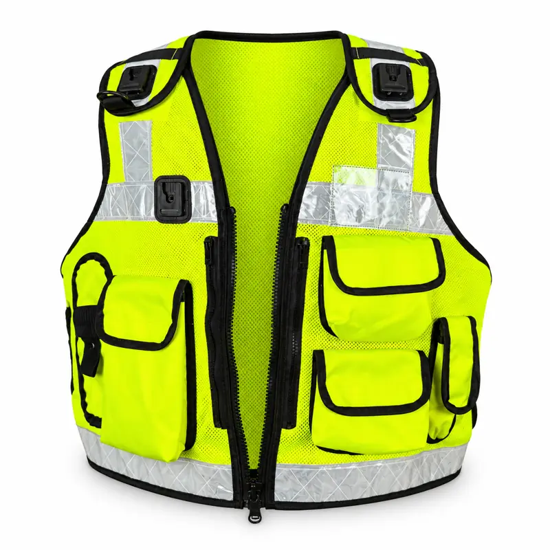 Hi-vis security vest opened at the zip showing double-layer 3D mesh lining