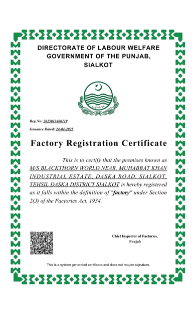 Factory Registration Certificate — Blackthorn World certificate
