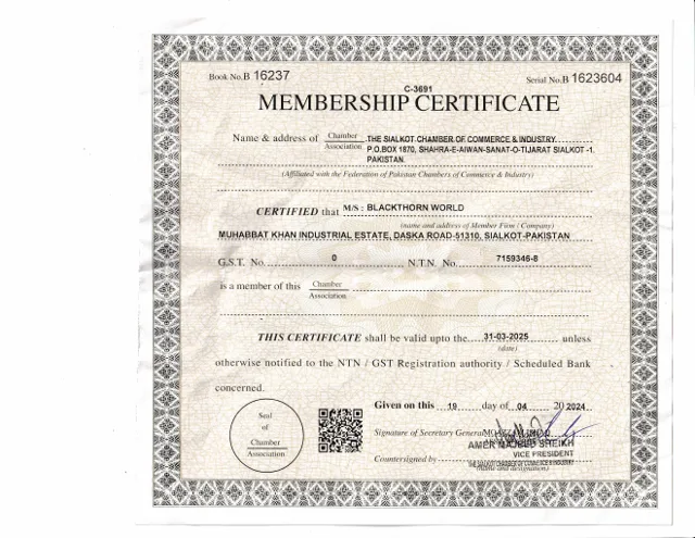 Sialkot Chamber of Commerce & Industry — membership — Blackthorn World certificate
