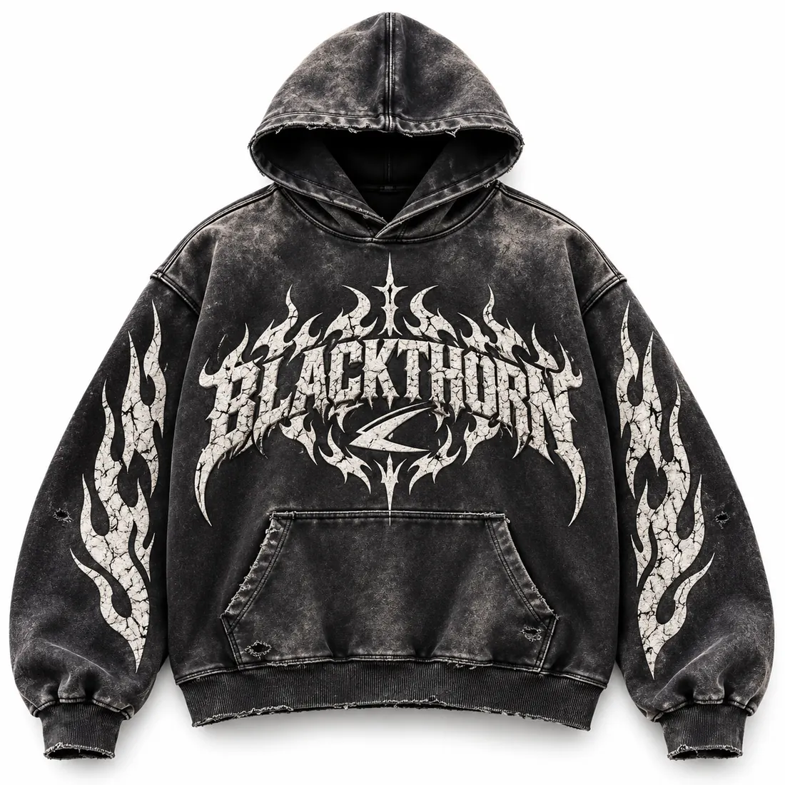 Acid Wash Gothic Print Hoodie (Zip & Pullover) — custom acid wash streetwear hoodie made to order by Blackthorn World — ash black (pullover)