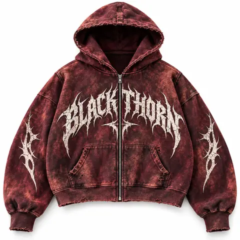 Acid Wash Gothic Print Hoodie (Zip & Pullover) — oxblood (zip-up)