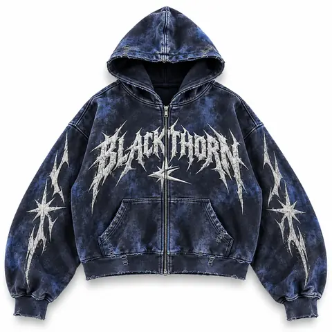 Acid Wash Gothic Print Hoodie (Zip & Pullover) — cobalt night (zip-up)