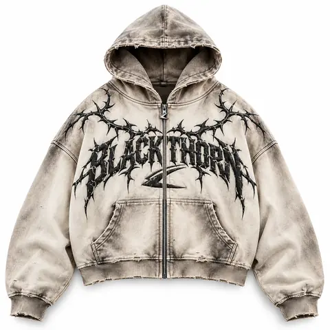 Acid Wash Gothic Print Hoodie (Zip & Pullover) — smoke bone (zip-up)