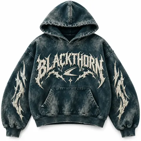 Acid Wash Gothic Print Hoodie (Zip & Pullover) — petrol fade (pullover)