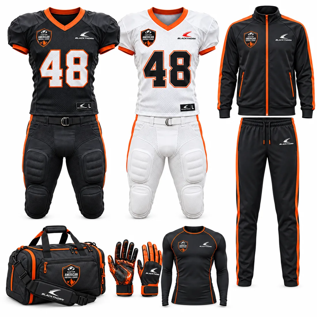 American football team kit bundle with jersey, pants, tracksuit and bag, black, white and orange