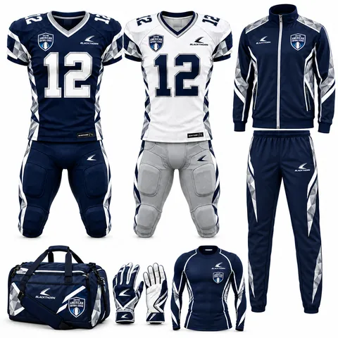 American football team kit bundle with jersey, pants, tracksuit and bag, navy, white and silver