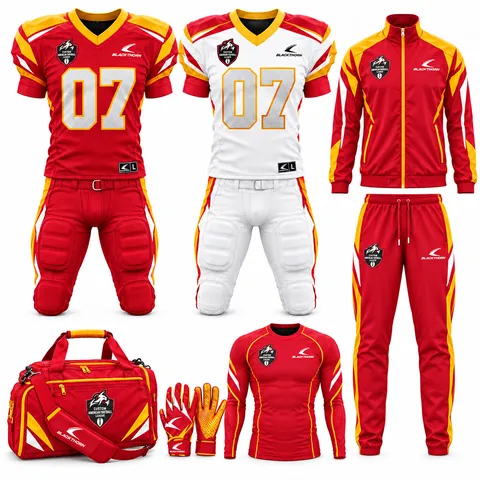 American football team kit bundle with jersey, pants, tracksuit and bag, red, gold and white