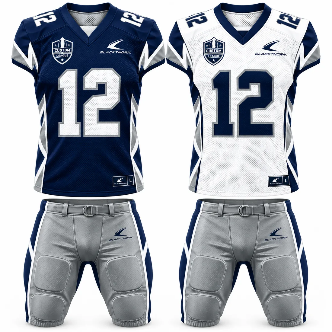 Custom American football uniform set, jersey and pants, navy and silver — front and back