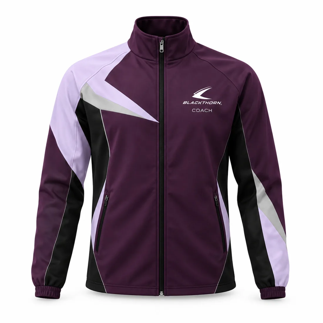 Plum purple softshell coach jacket with lilac and grey geometric facets and COACH chest print, front
