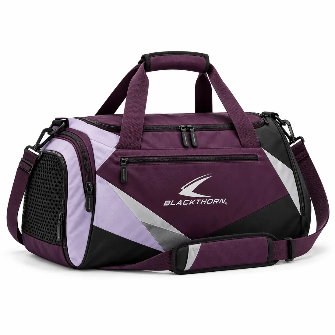Plum purple gym merch duffel bag with lilac and grey geometric facets, mesh shoe end-pocket and shoulder strap