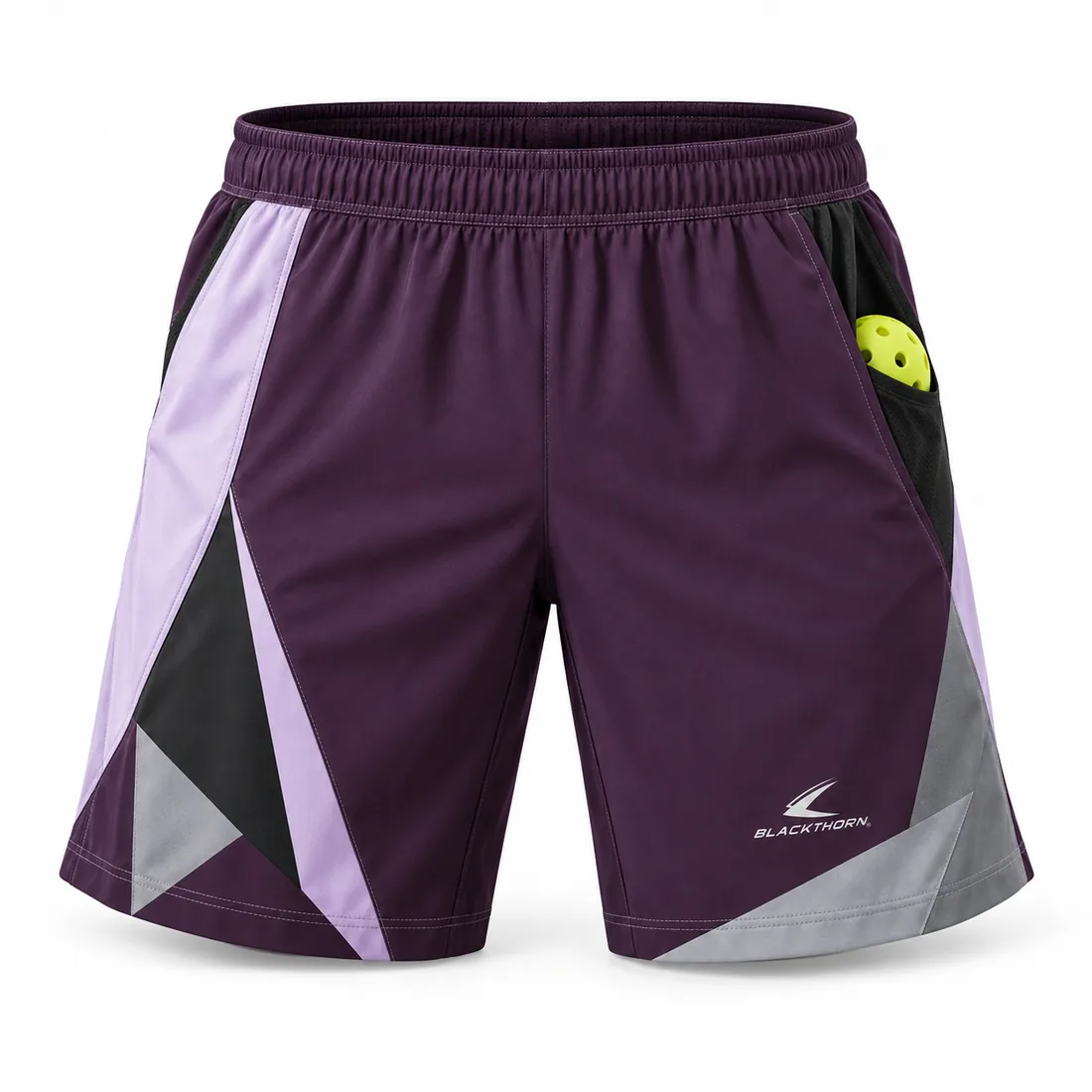 Plum purple pickleball shorts with lilac and grey geometric facets and deep ball pocket, front view