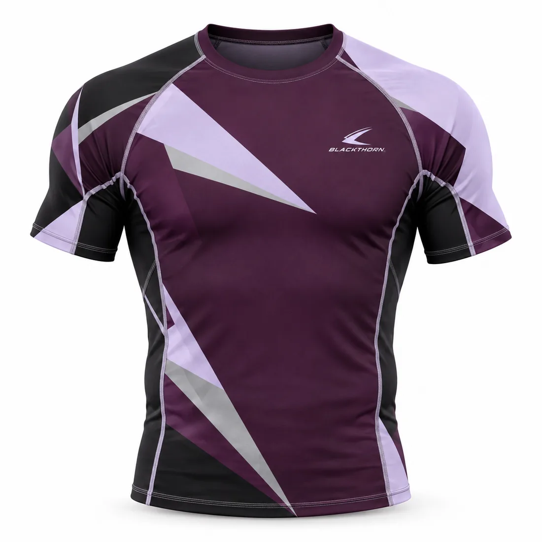 Plum purple short-sleeve rash guard with lilac and grey geometric facets, front view