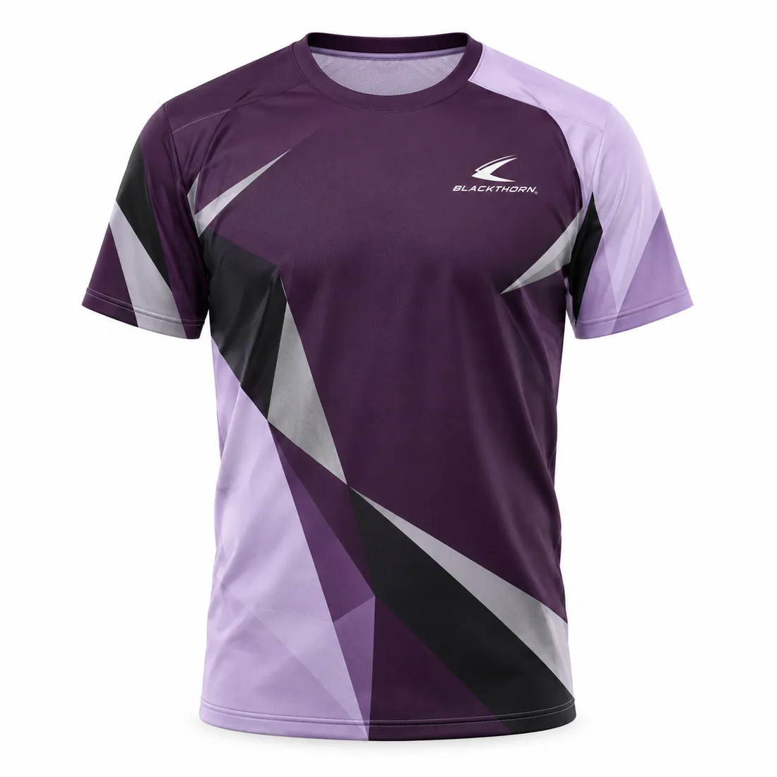 Plum purple pickleball jersey with lilac and grey geometric facet print, crew neck, front view