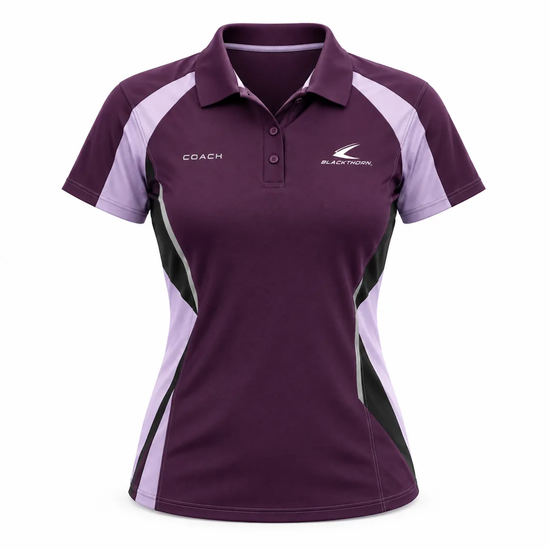 Women's-fit plum purple coach polo with lilac and grey geometric facets and COACH chest print, front view