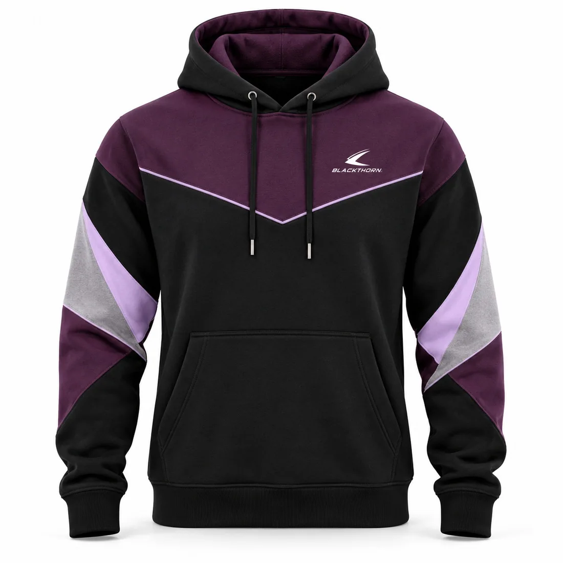 Plum purple youth academy hoodie with lilac and grey geometric facets and kangaroo pocket