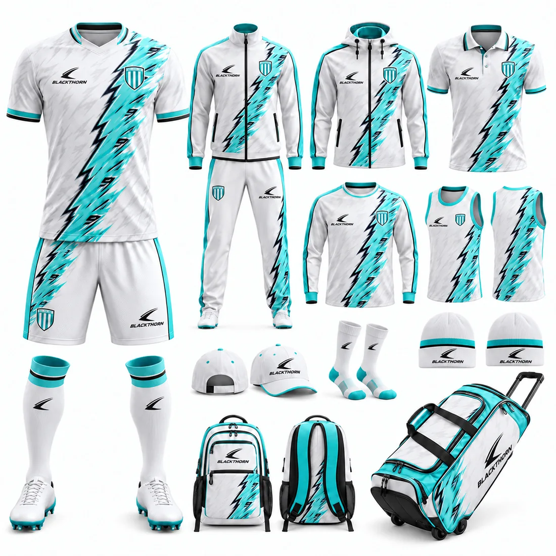 Aqua Lightning custom soccer team package in white and aqua: match kit, tracksuit, jackets, polo, training wear, cap, beanie, backpack and kit bag