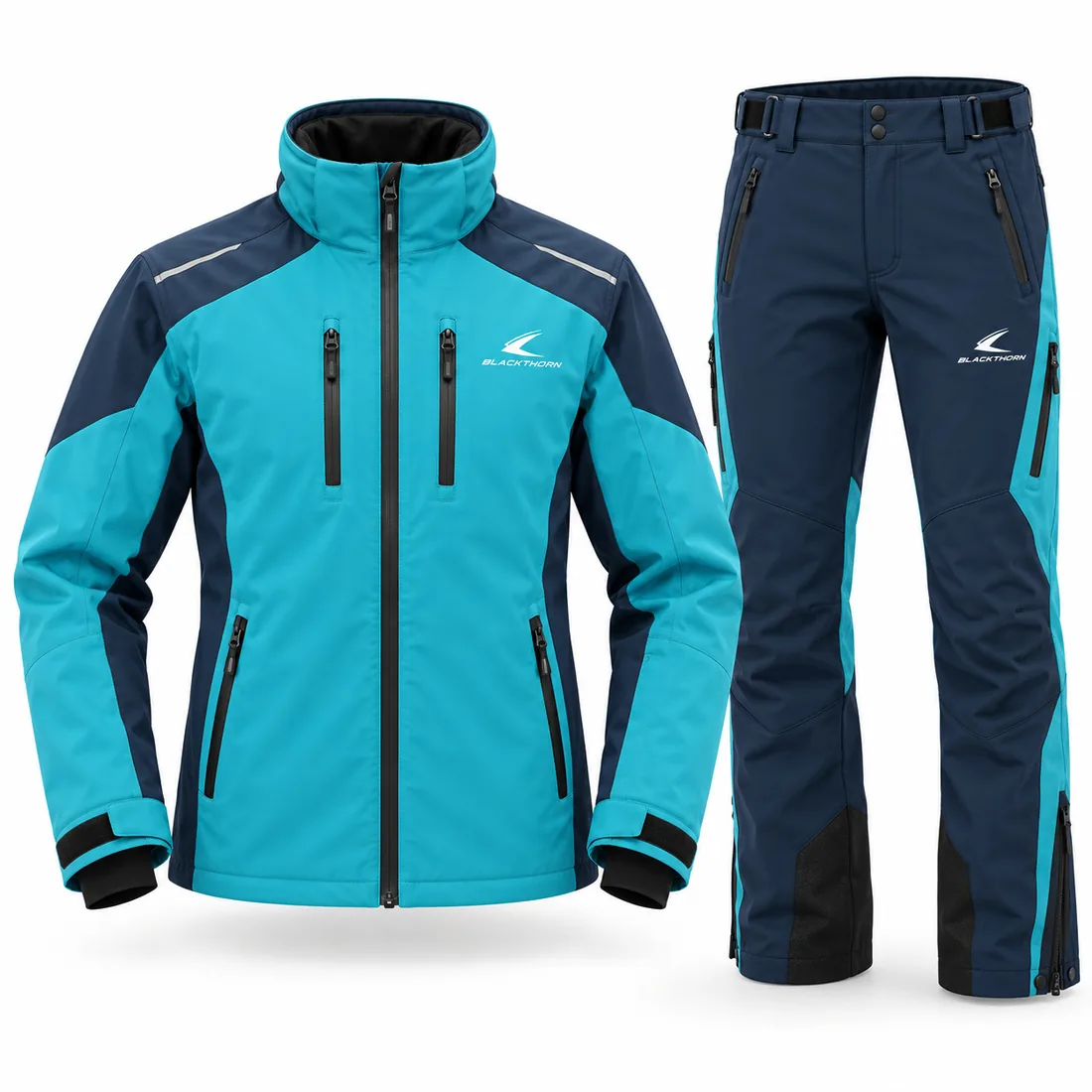 Aqua Navy Softshell Staff Set — custom softshell staff jacket and pants in aqua and navy, made to order by Blackthorn World