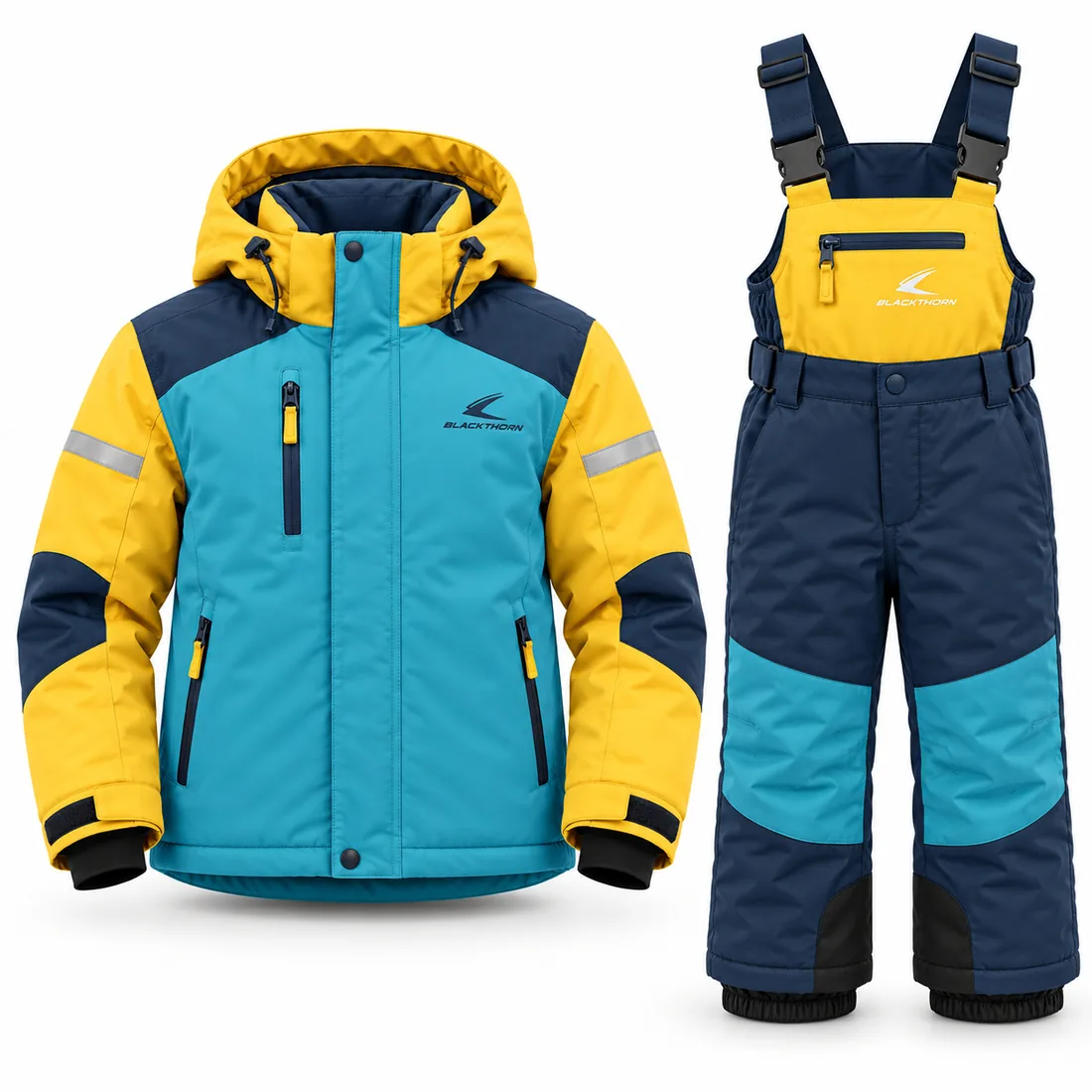 Aqua Yellow Kids Ski Set — custom kids ski jacket and bib pants set in aqua, yellow and navy, made to order by Blackthorn World