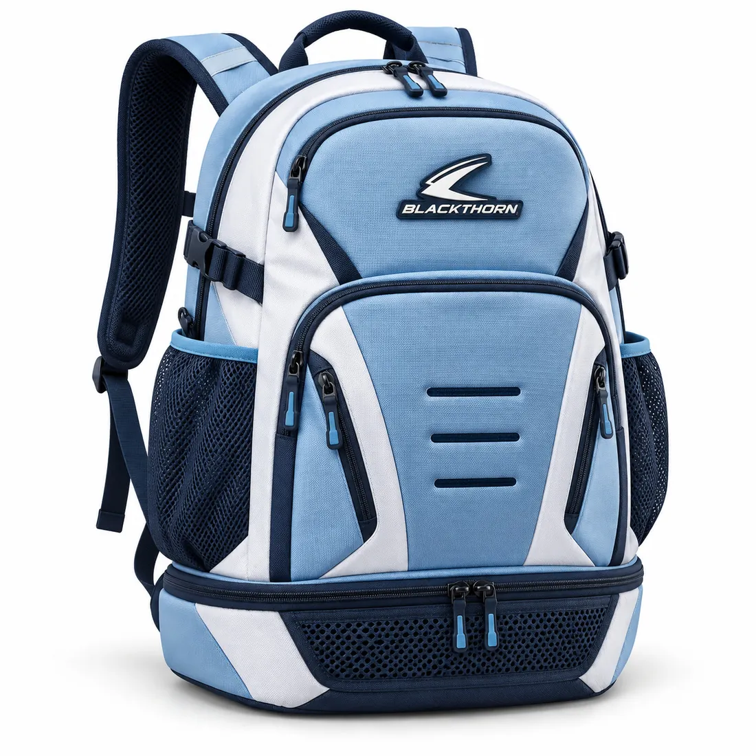 Ice blue boxing backpack with white side panels, navy trim and straps, front logo patch and navy vented lower compartment