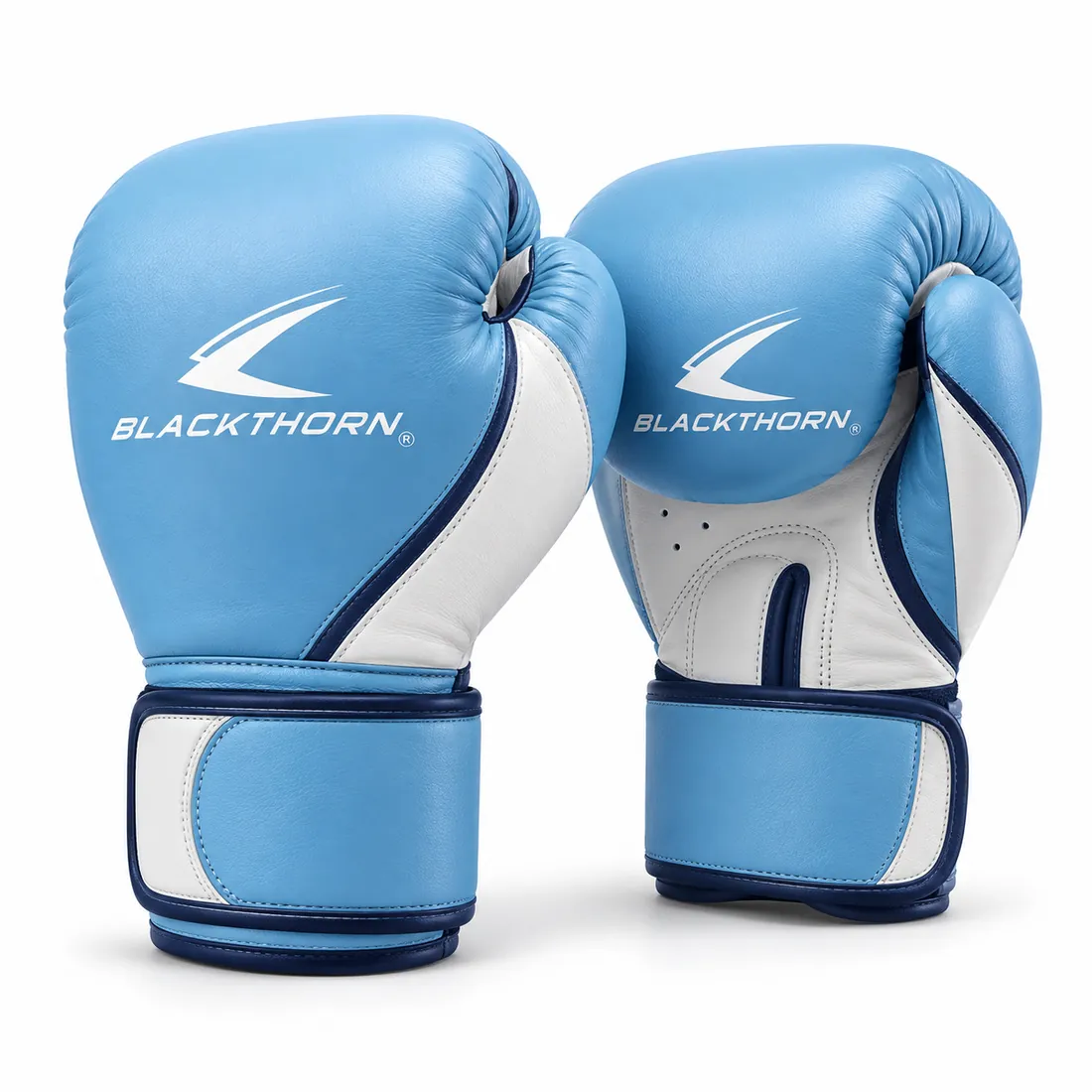 Pair of light ice blue boxing gloves with white thumb-side panel, white palm and navy piping