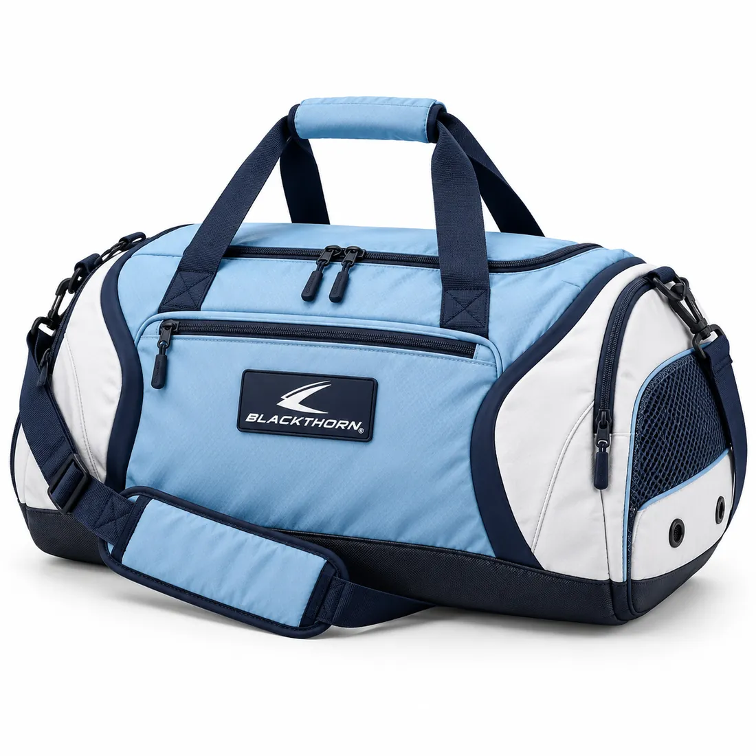 Ice blue gym duffle bag with white curved end panels, navy trim and handles, logo patch and mesh vented end pocket