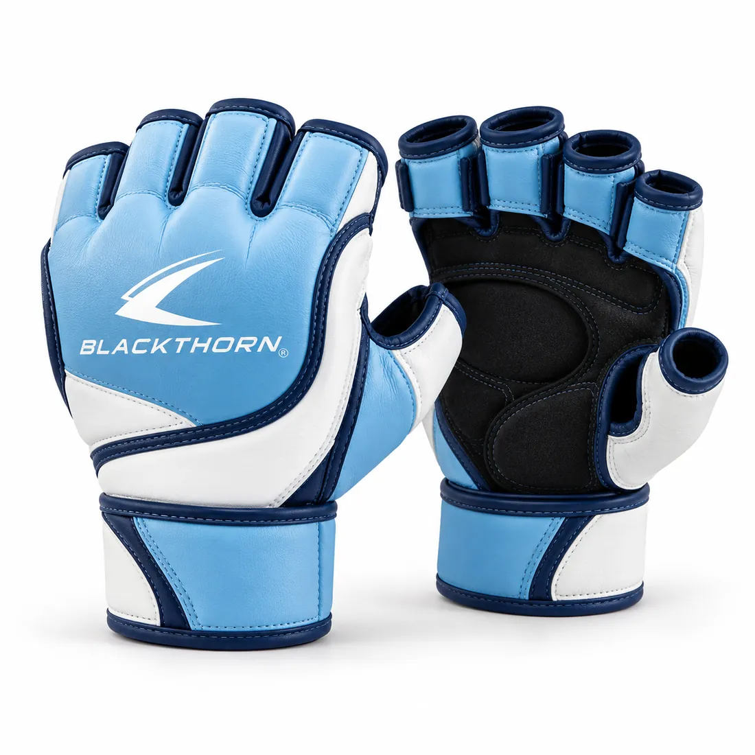 Ice blue and white grappling gloves with navy trim, slim padding, open palms, free thumbs and white Blackthorn logo