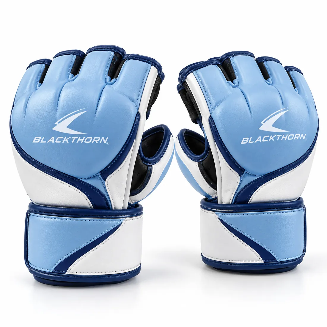 Ice blue and white MMA gloves with navy piping, open fingers, padded knuckles and white Blackthorn logo on the backhand