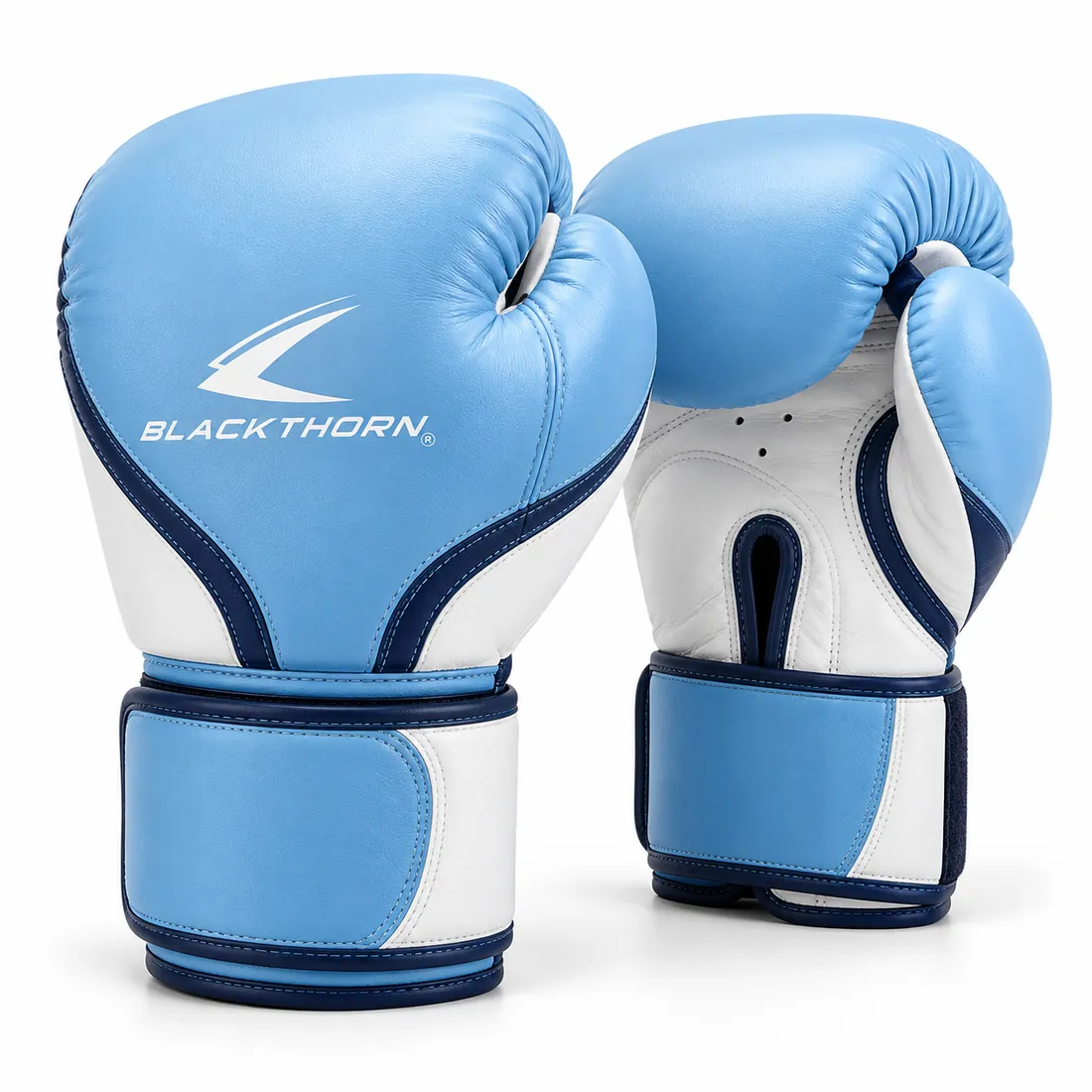 Pair of ice blue sparring gloves with white palm and thumb panel and navy-piped wide strap
