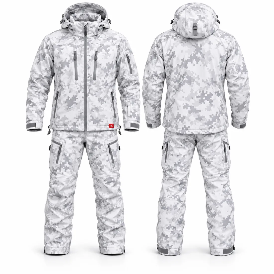White and grey arctic digital snow camo insulated parka and pants set