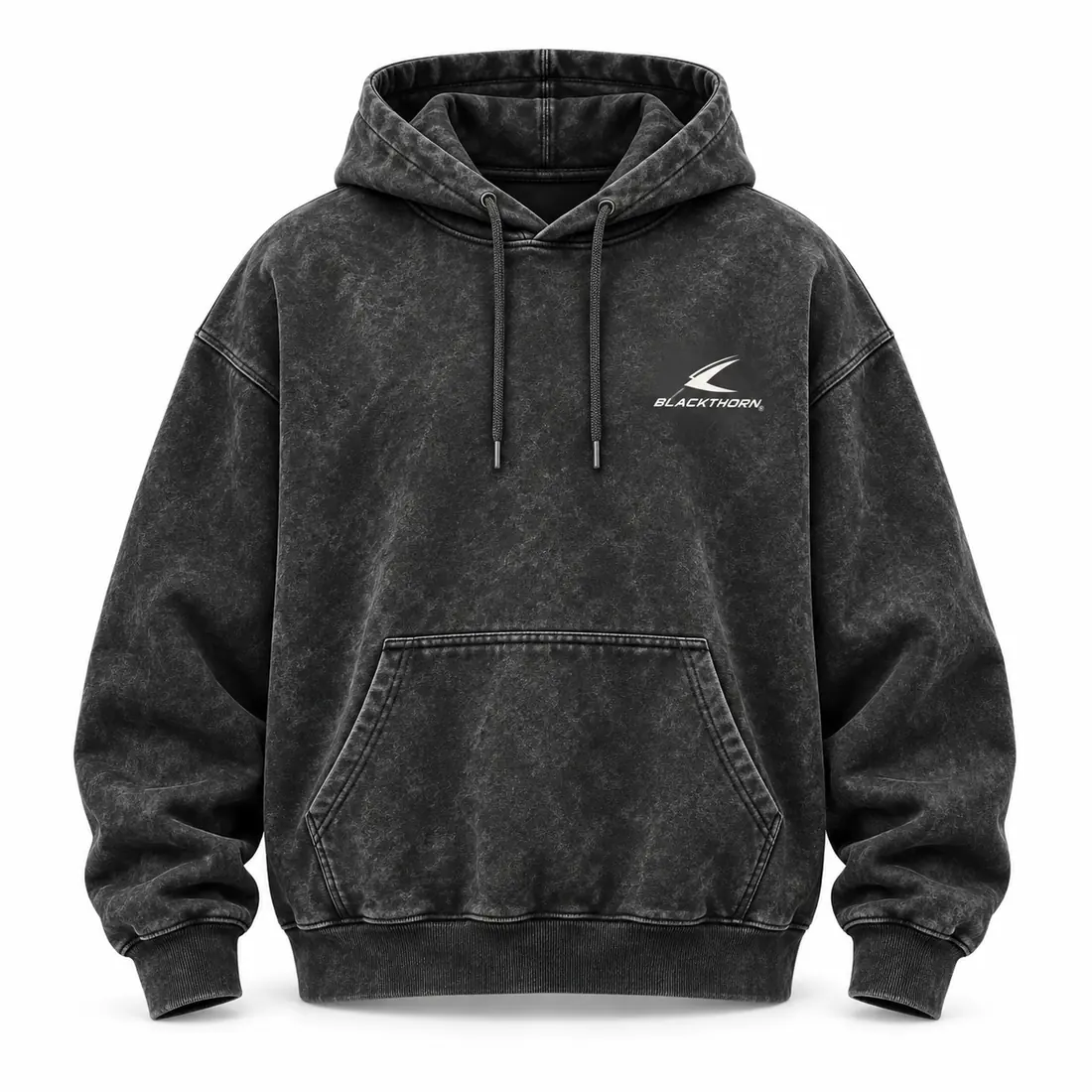 Black acid-wash oversized pullover hoodie with mottled mineral texture, front view