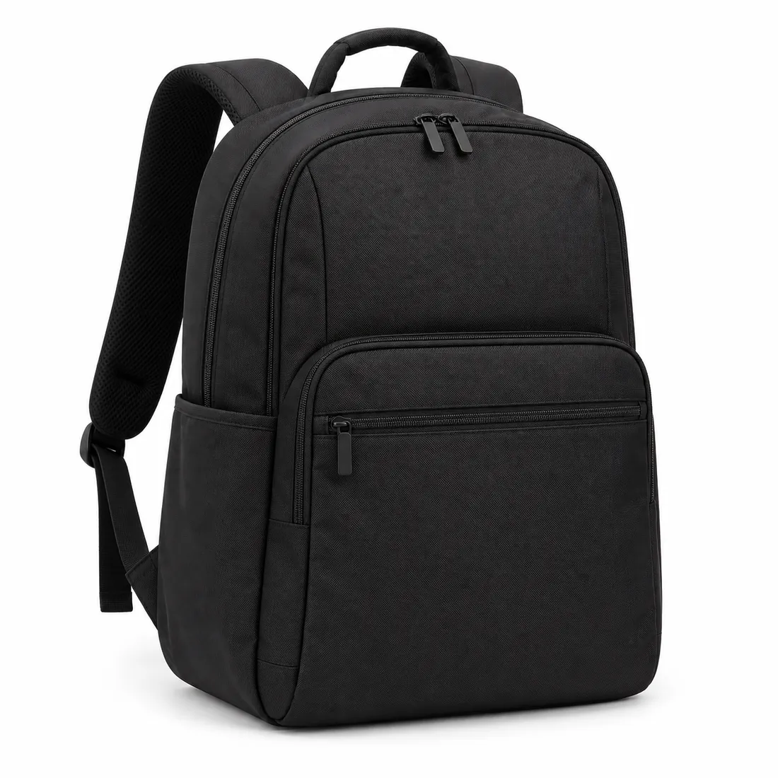Black blank backpack with front zip pocket and padded straps, wholesale by Blackthorn World