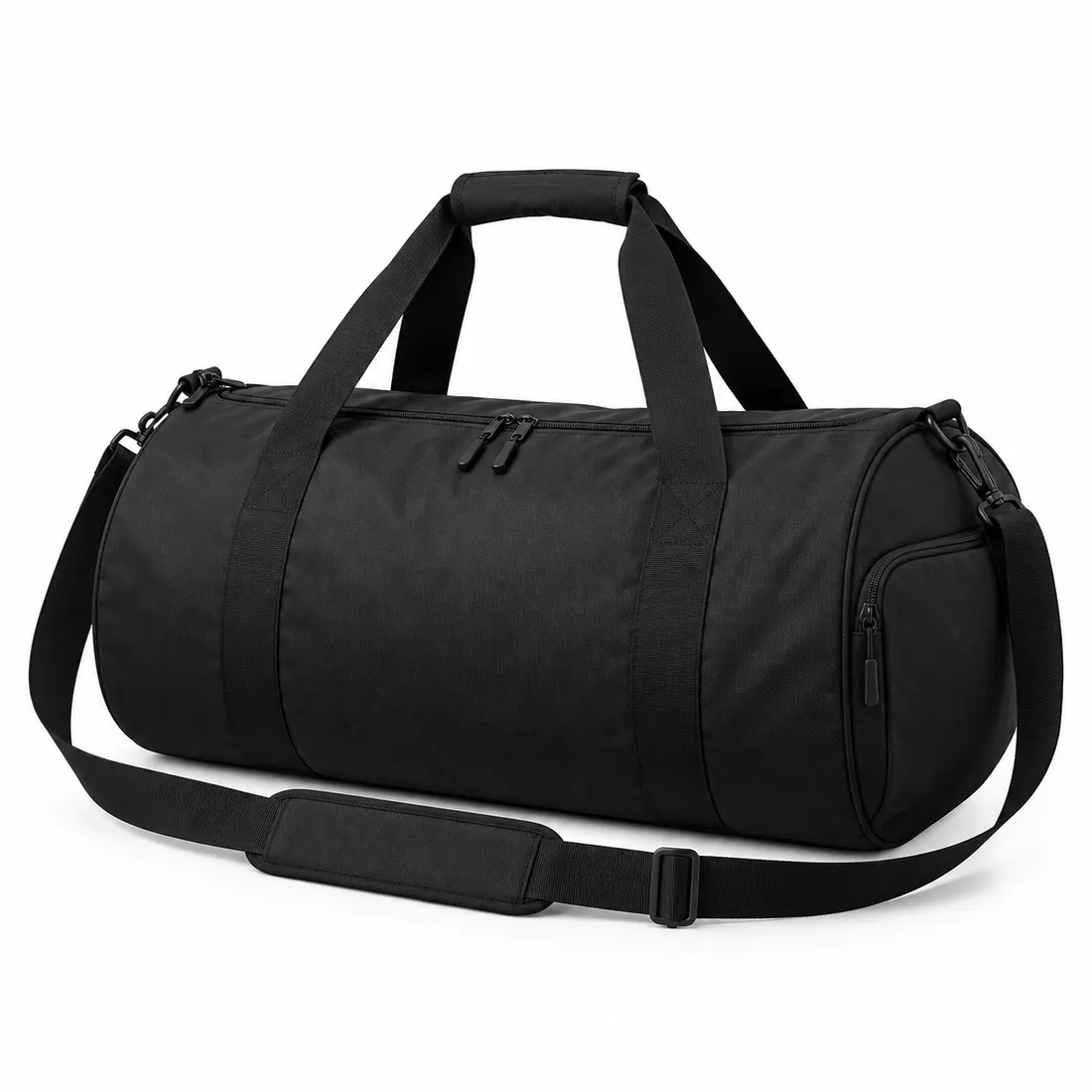 Black barrel duffel bag with padded shoulder strap and end pocket, wholesale by Blackthorn World