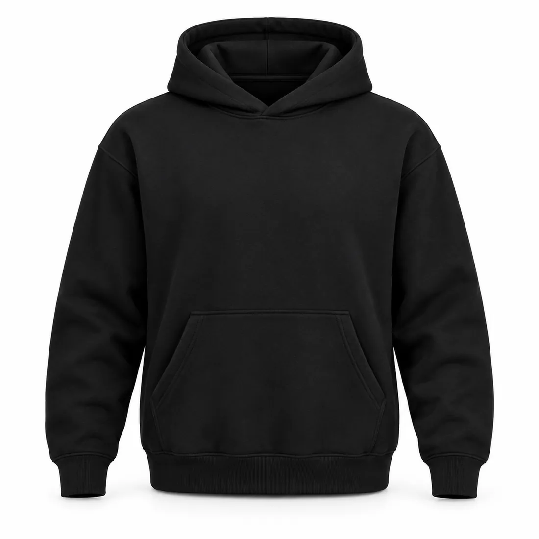 Black blank pullover hoodie in 320 GSM brushed fleece with kangaroo pocket, wholesale by Blackthorn World