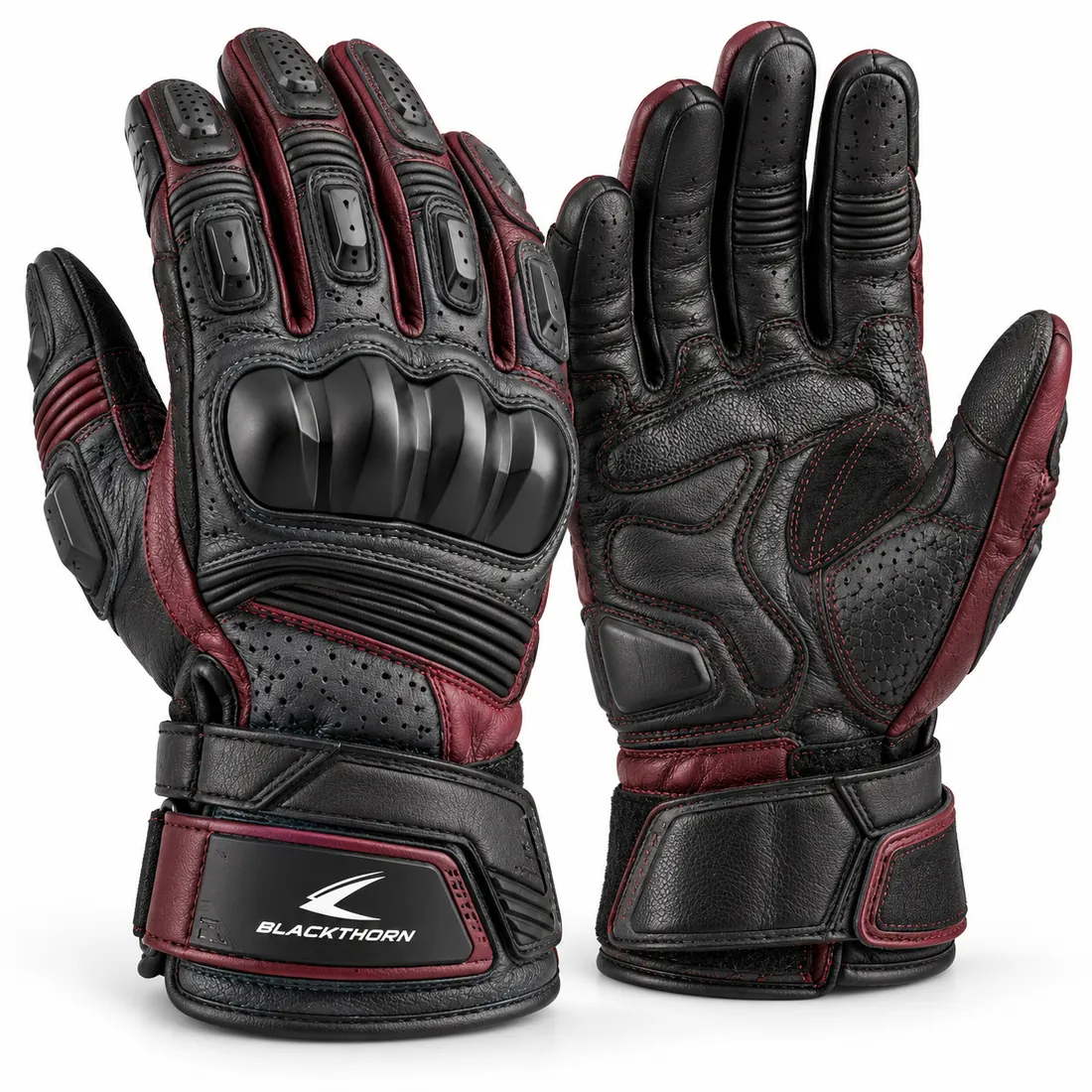 Black & Burgundy Leather Sport-Touring Gloves — motorcycle & motocross gloves by Blackthorn World