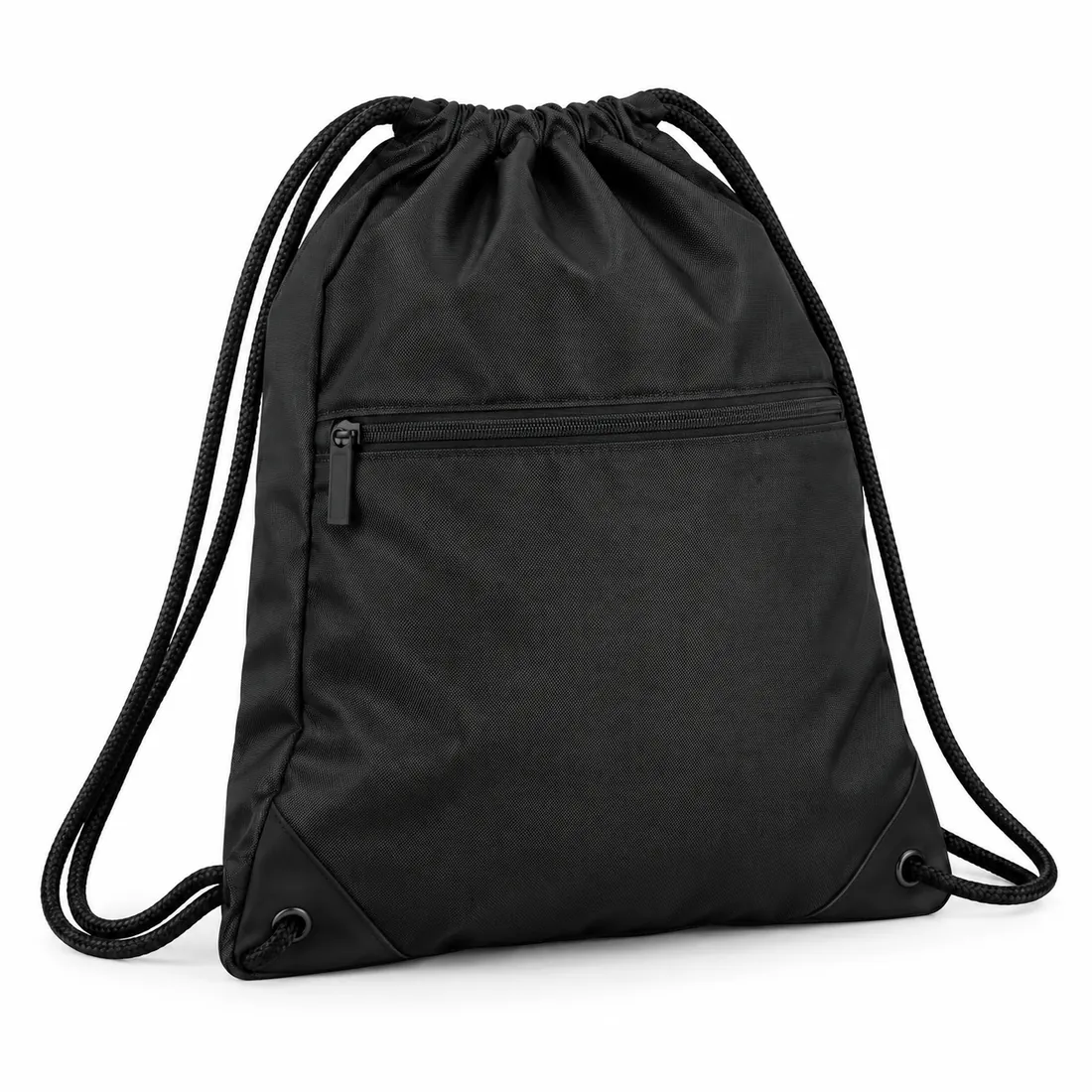 Black drawstring gym sack with front zip pocket and reinforced corners, wholesale by Blackthorn World