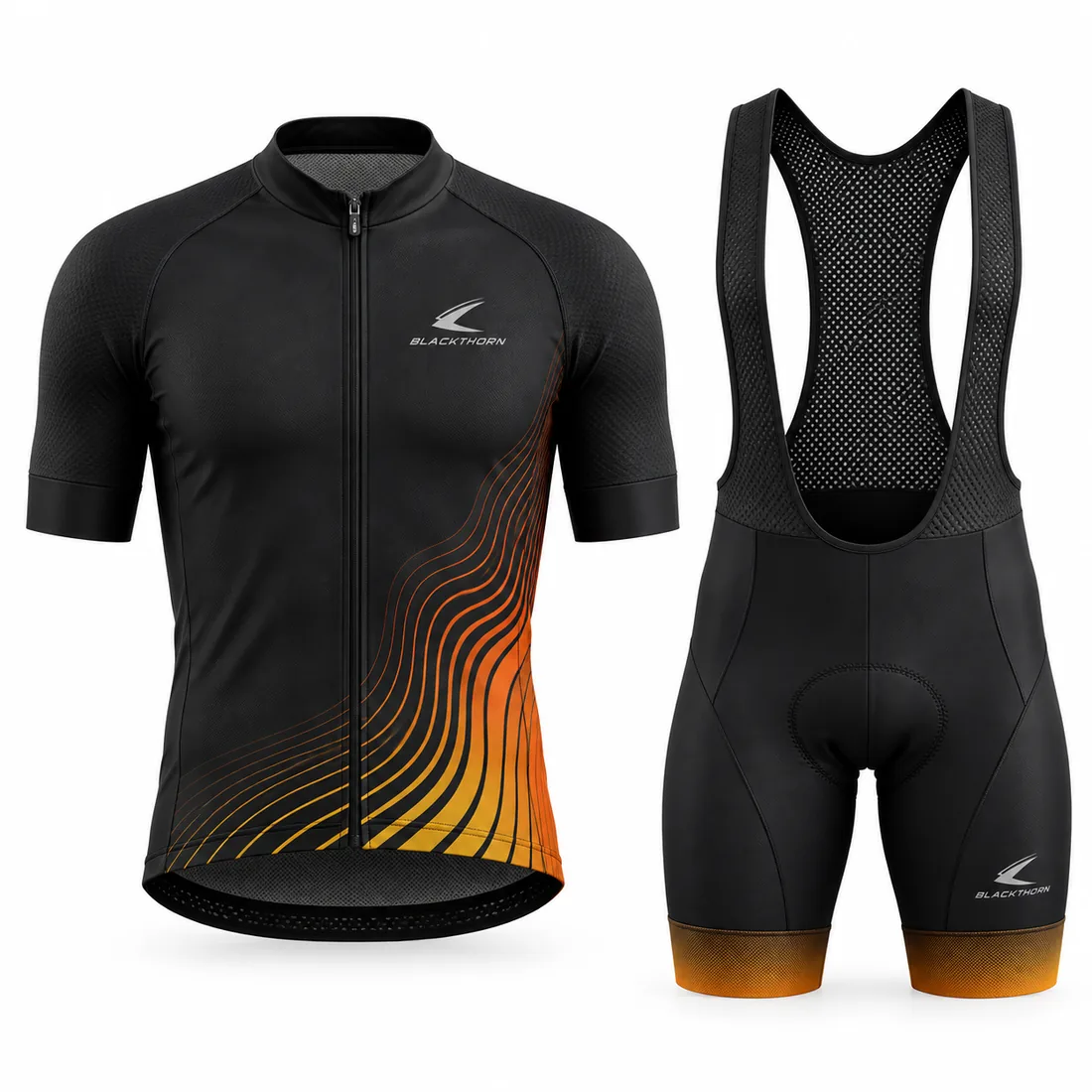 Black cycling jersey with orange-gold flowing wave lines and black bib shorts with amber leg bands