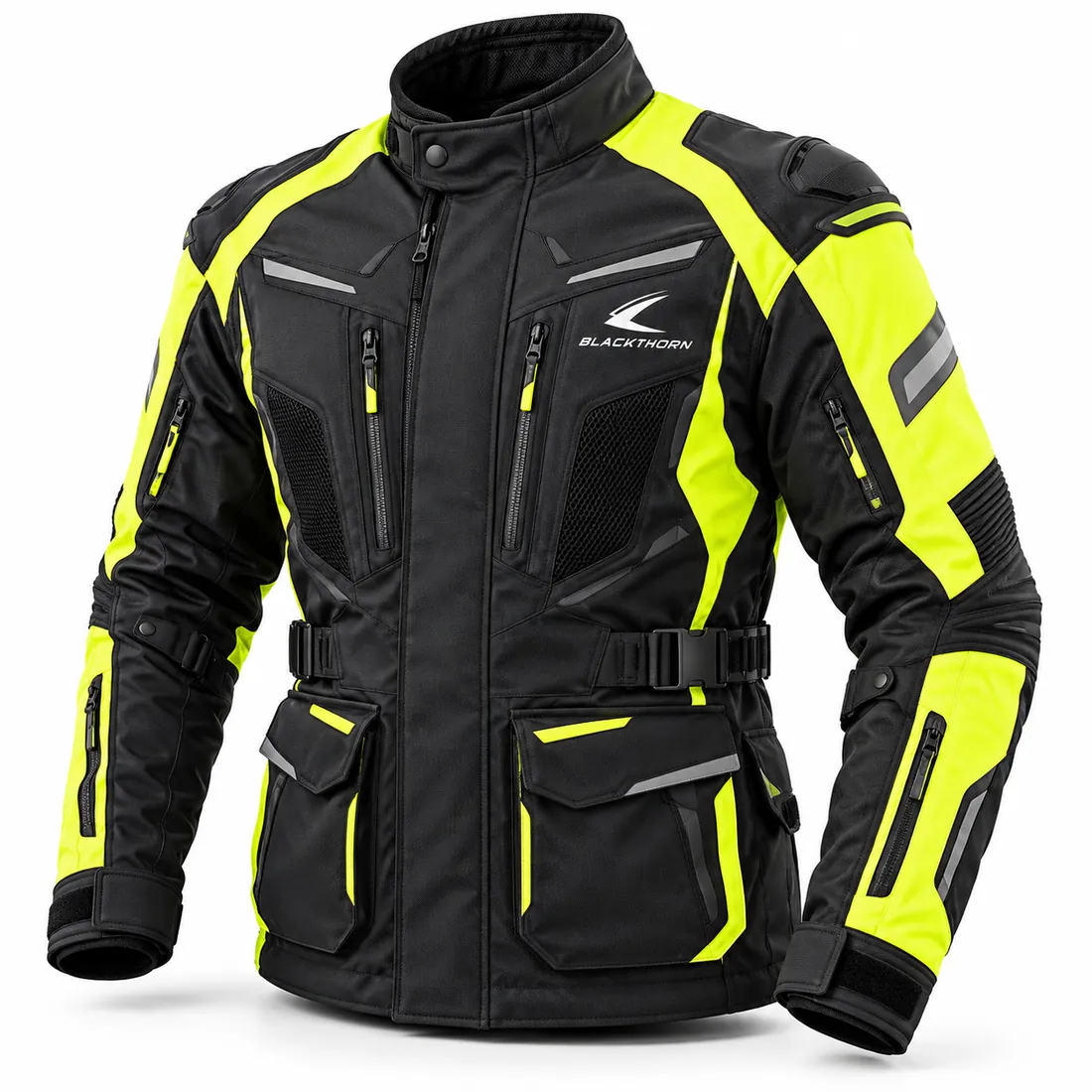 Black & Fluo Yellow Adventure Motorcycle Jacket — adventure & touring jackets by Blackthorn World