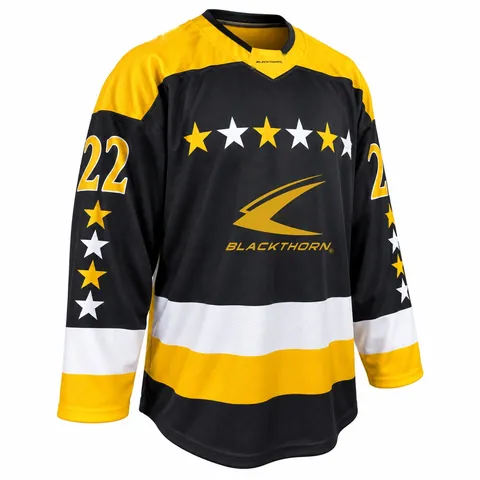 Black and gold star stripe hockey jersey — three-quarter view
