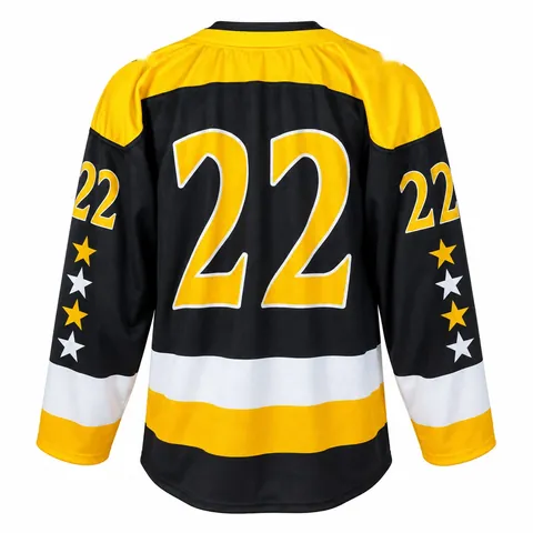 Back of custom ice hockey jersey with large gold number 22 and star sleeves