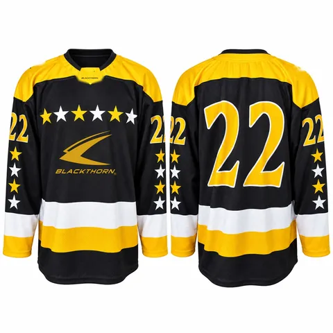 Black and gold ice hockey jersey — front and back