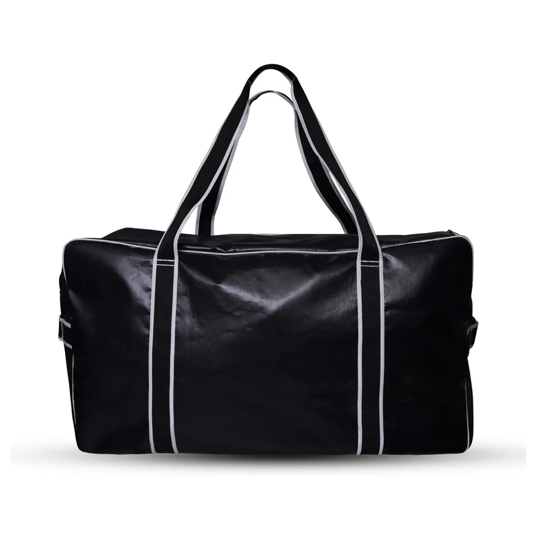 Black team carry-all hockey duffle bag with long webbing handles and grey piping, wholesale by Blackthorn World