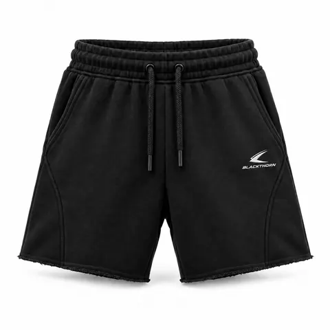 Black Raw-Hem Embroidered Sweat Shorts — Streetwear · Streetwear shorts by Blackthorn World