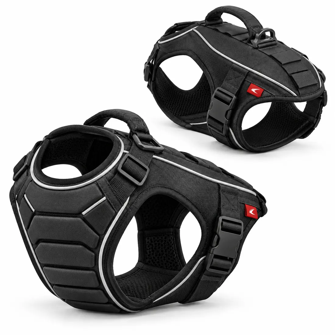 Black 5 mm neoprene dog vest with reflective piping, grab handle and quick-release buckles