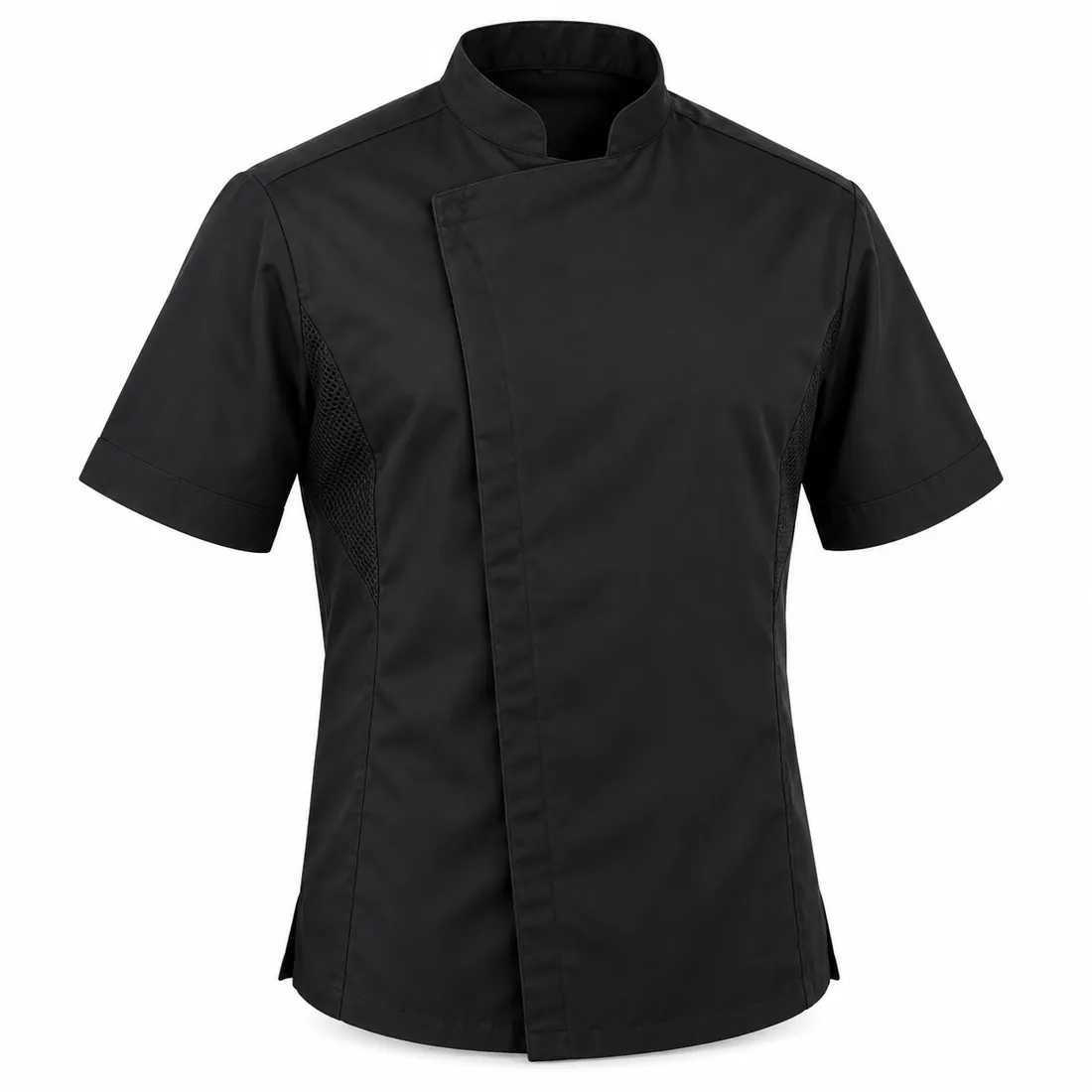 Black short-sleeve chef jacket with concealed placket and side vents, wholesale by Blackthorn World