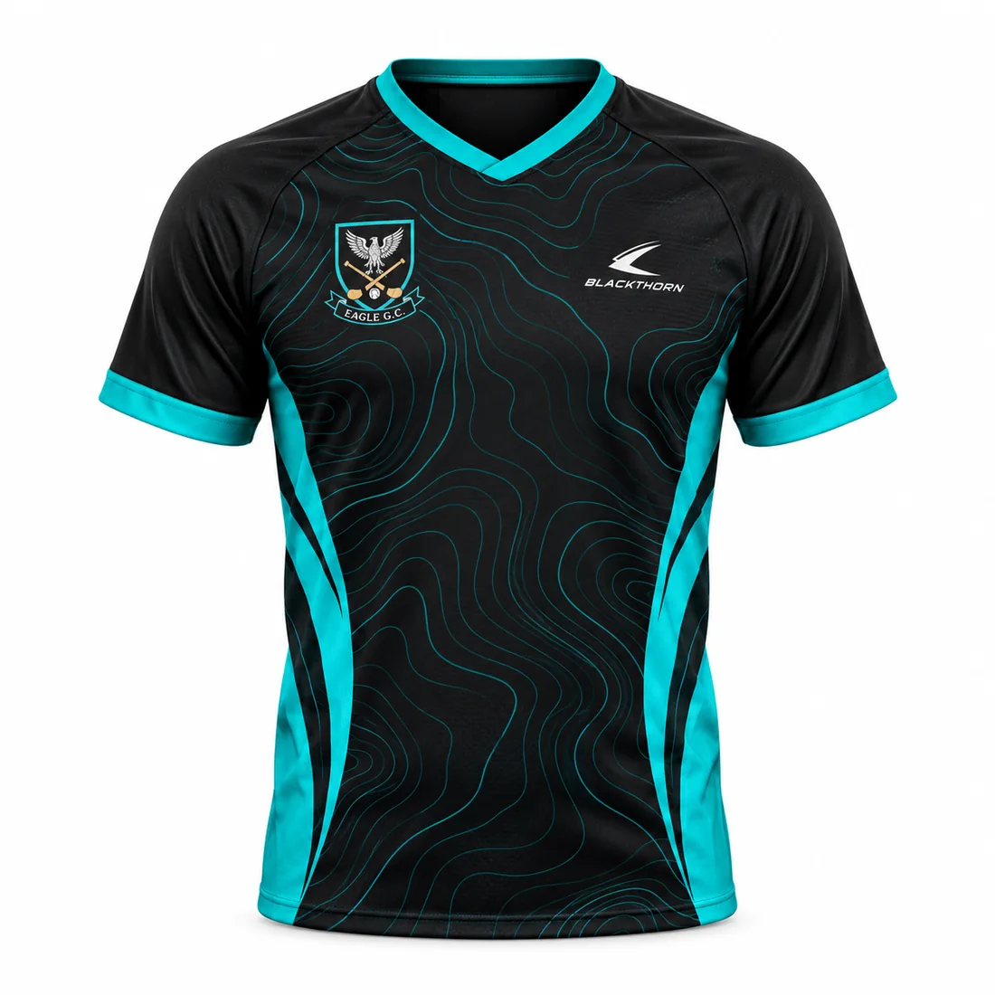 Black Teal Topography custom sublimated GAA jersey, black and teal — front view
