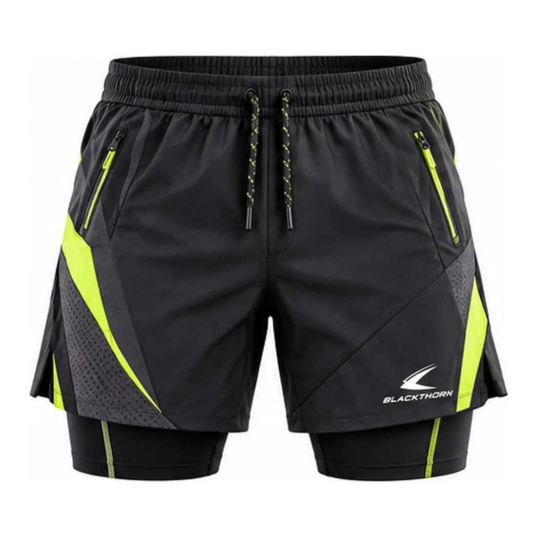 Black Volt 2-in-1 Gym Shorts with Compression Liner — 2-in-1 training shorts by Blackthorn World, front view