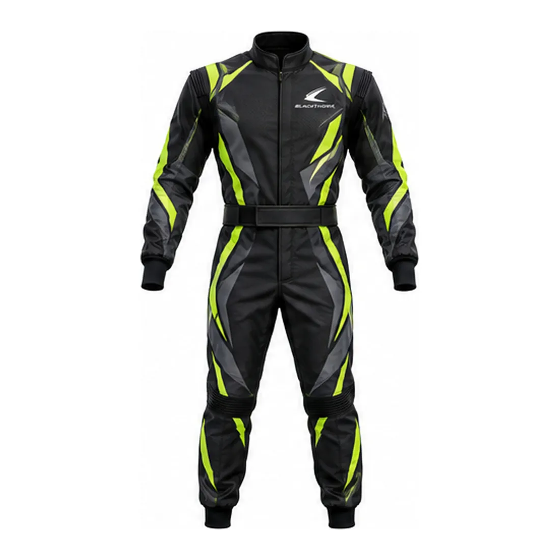 Black Volt Karting Suit with Lime Flash Panels — Race suits & team wear by Blackthorn World, front view
